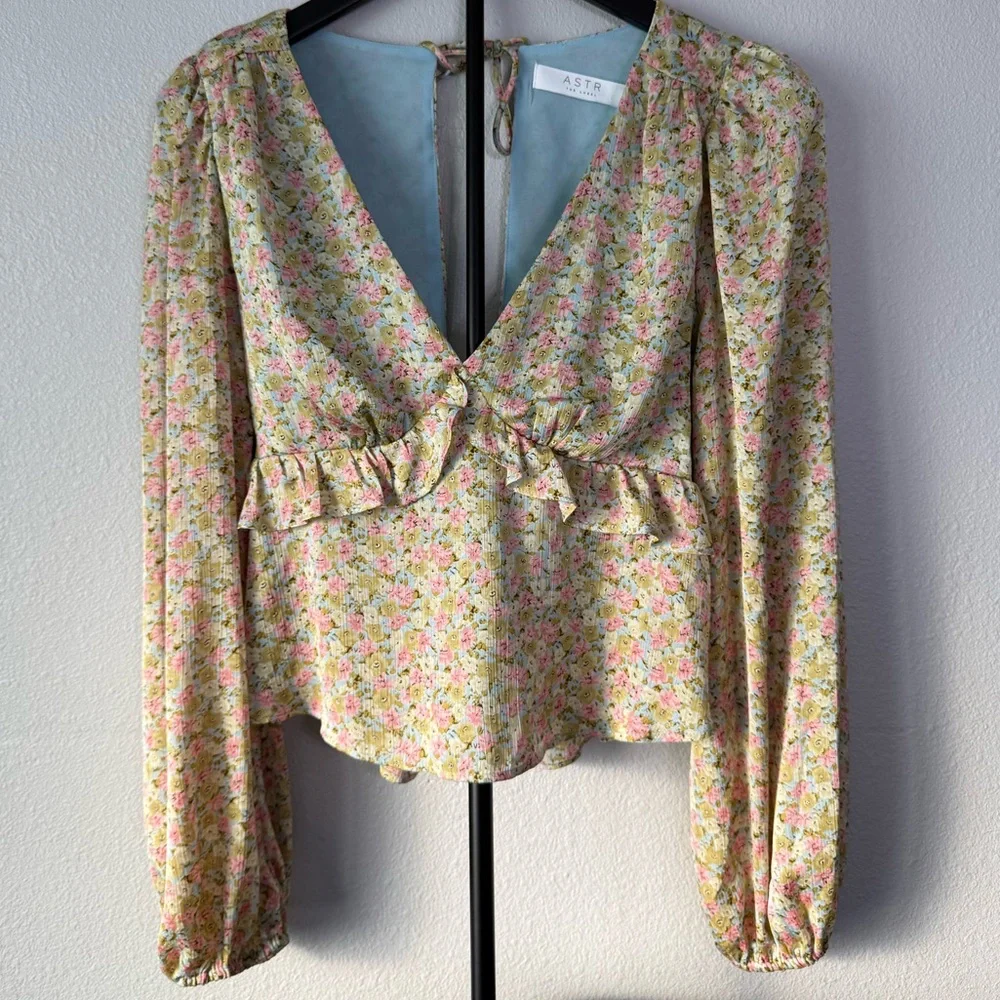 Anthropologie Cream Floral Open-Back Peplum Blouse